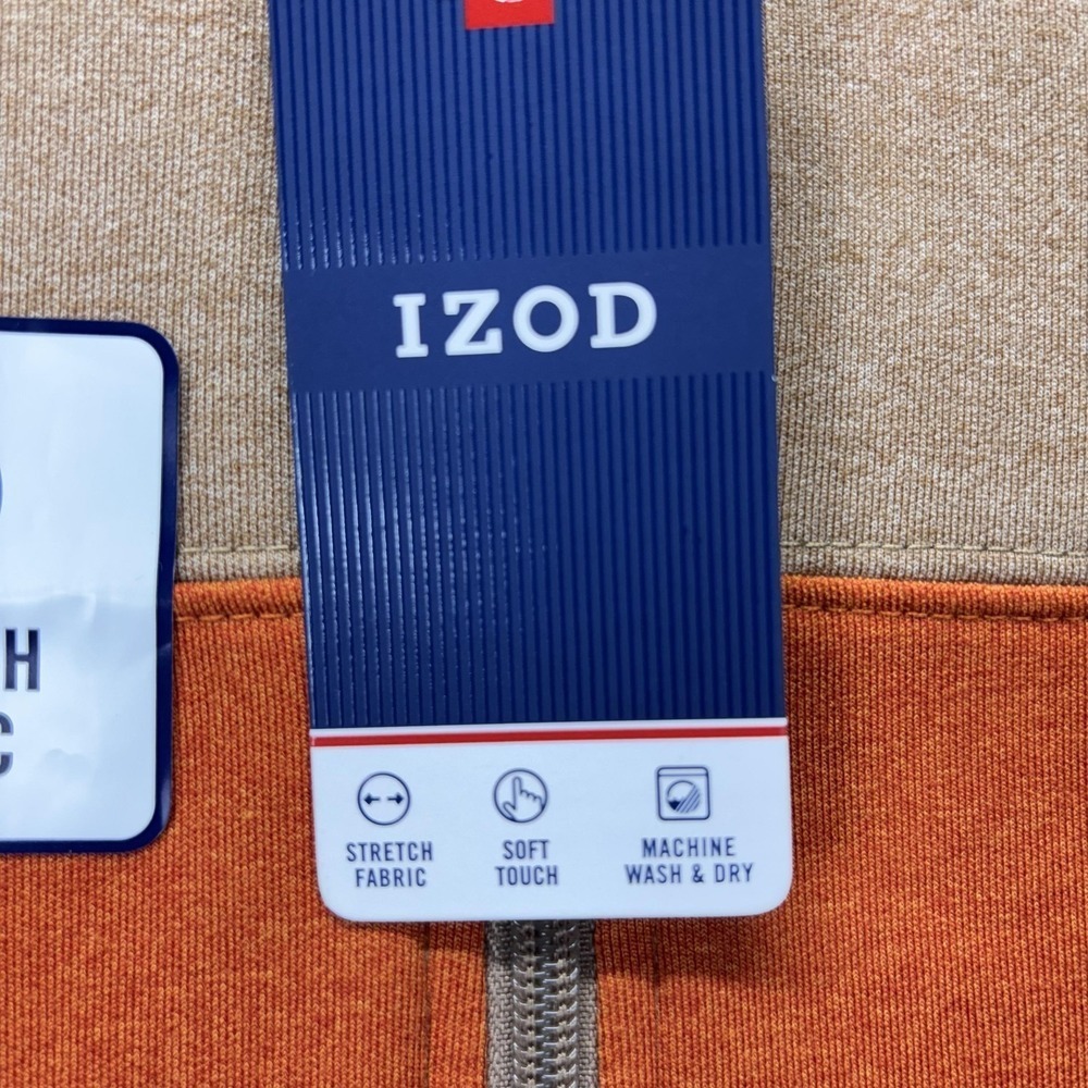 IZOD Sweatshirt Mens Small Camel Orange Navy Colorblock 1/4 Zip Stretch Fleece - Picture 7 of 13